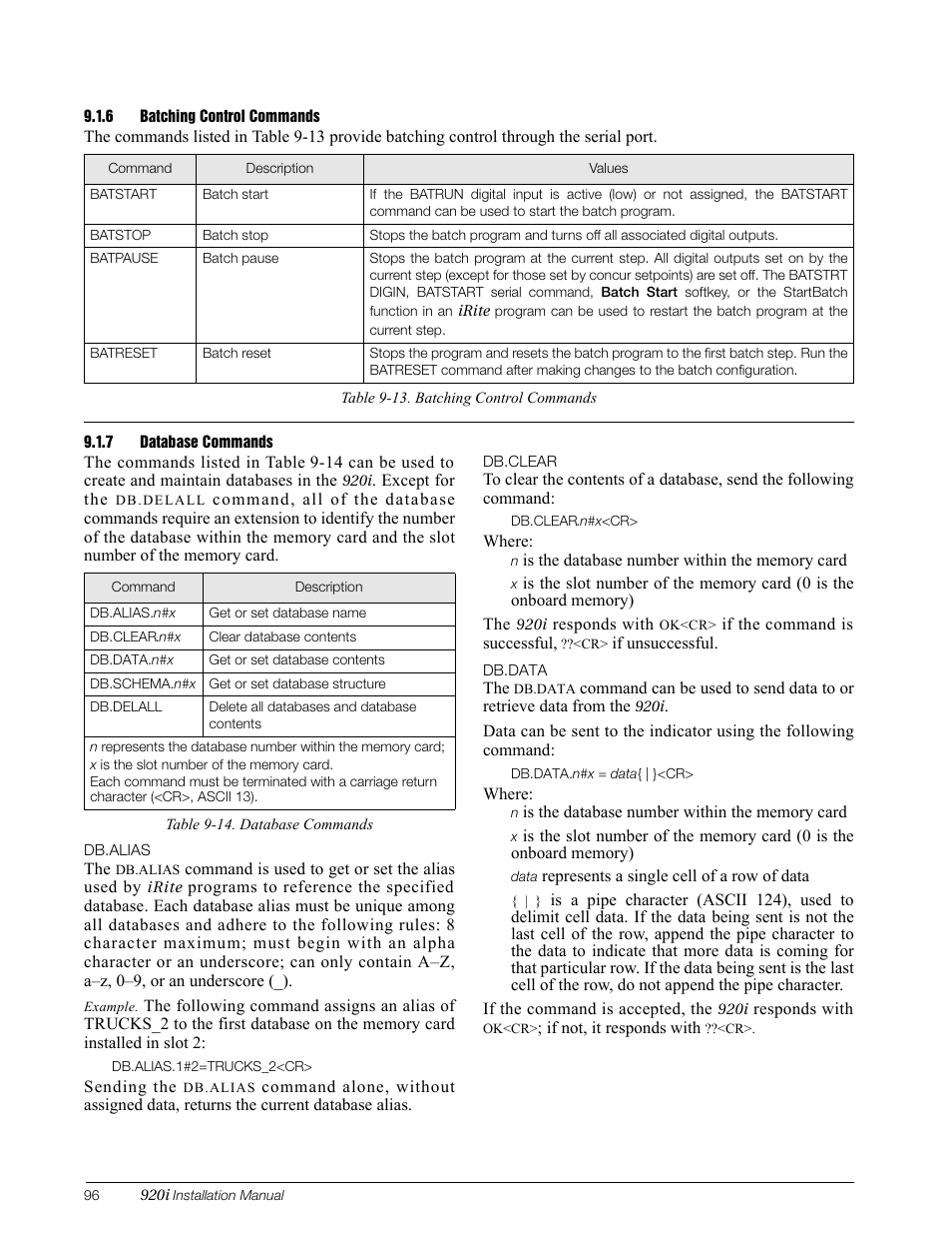 6 batching control commands, 7 database commands, Batching control commands | Database commands | Rice Lake 920i Installation Manual V3.10 User Manual | Page 102 / 131