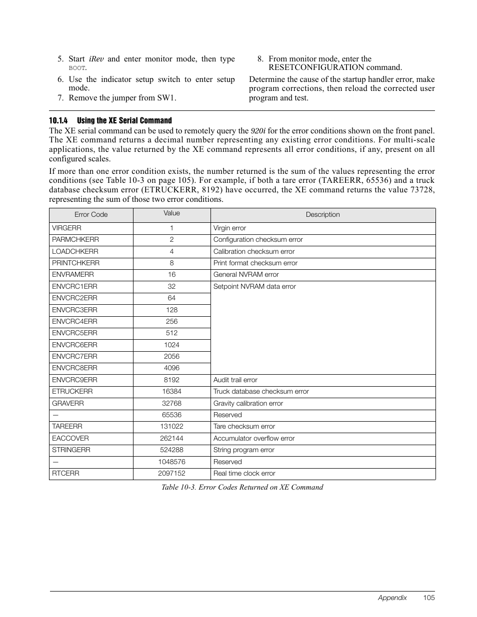 4 using the xe serial command, Using the xe serial command, See table 10-3 | Rice Lake 920i Installation Manual V3.10 User Manual | Page 111 / 131