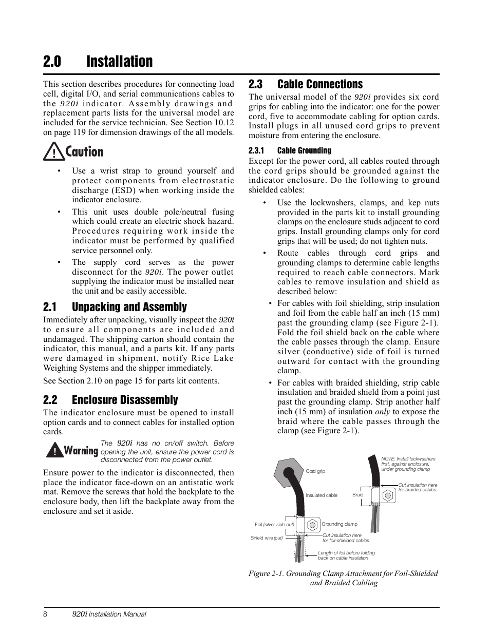 0 installation, 1 unpacking and assembly, 2 enclosure disassembly | 3 cable connections, 1 cable grounding, Installation, 2 enclosure disassembly 2.3 cable connections, Cable grounding | Rice Lake 920i Installation Manual V3.10 User Manual | Page 14 / 131