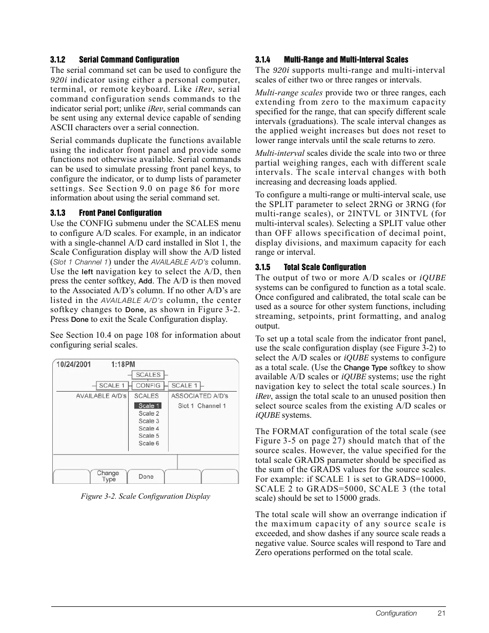 2 serial command configuration, 3 front panel configuration, 4 multi-range and multi-interval scales | 5 total scale configuration, Serial command configuration, Front panel configuration, Multi-range and multi-interval scales, Total scale configuration, Section 3.1.3 | Rice Lake 920i Installation Manual V3.10 User Manual | Page 27 / 131