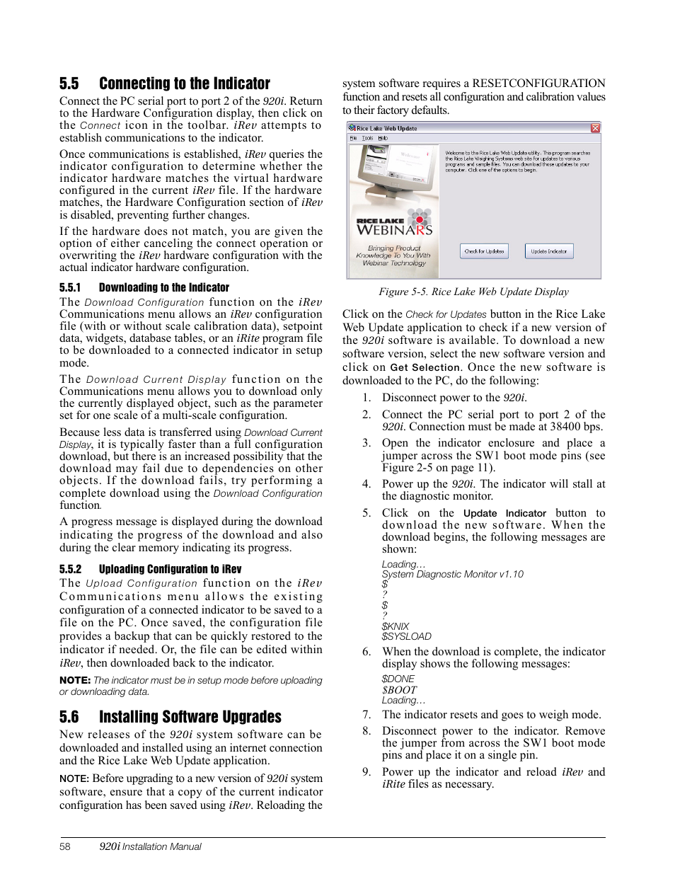 5 connecting to the indicator, 1 downloading to the indicator, 2 uploading configuration to irev | 6 installing software upgrades, Downloading to the indicator, Uploading configuration to irev | Rice Lake 920i Installation Manual V3.10 User Manual | Page 64 / 131