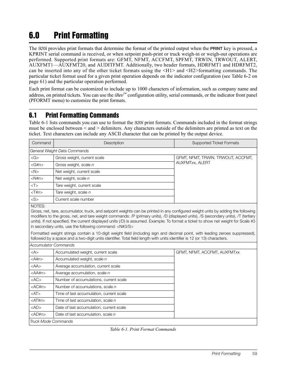 0 print formatting, 1 print formatting commands, Print formatting | Rice Lake 920i Installation Manual V3.10 User Manual | Page 65 / 131
