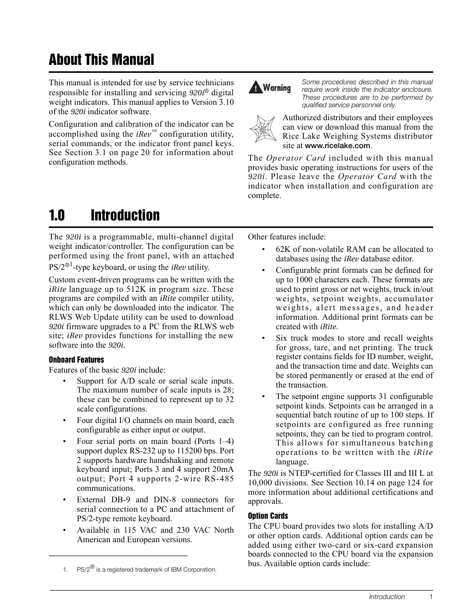 About this manual, 0 introduction, About this manual 1.0 | Introduction | Rice Lake 920i Installation Manual V3.10 User Manual | Page 7 / 131