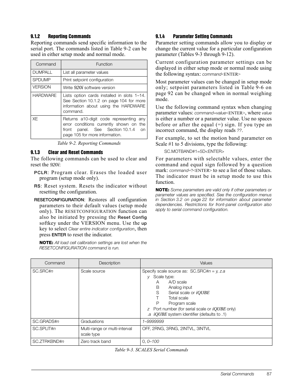 2 reporting commands, 3 clear and reset commands, 4 parameter setting commands | Reporting commands, Clear and reset commands, Parameter setting commands | Rice Lake 920i Installation Manual V3.10 User Manual | Page 93 / 131