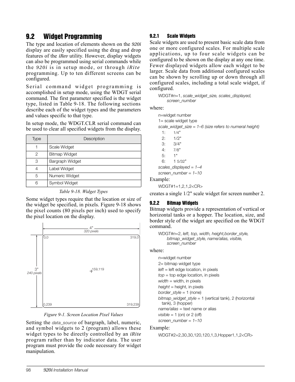 2 widget programming, 1 scale widgets, 2 bitmap widgets | Scale widgets, Bitmap widgets | Rice Lake 920i Installation Manual V3.12 User Manual | Page 104 / 131