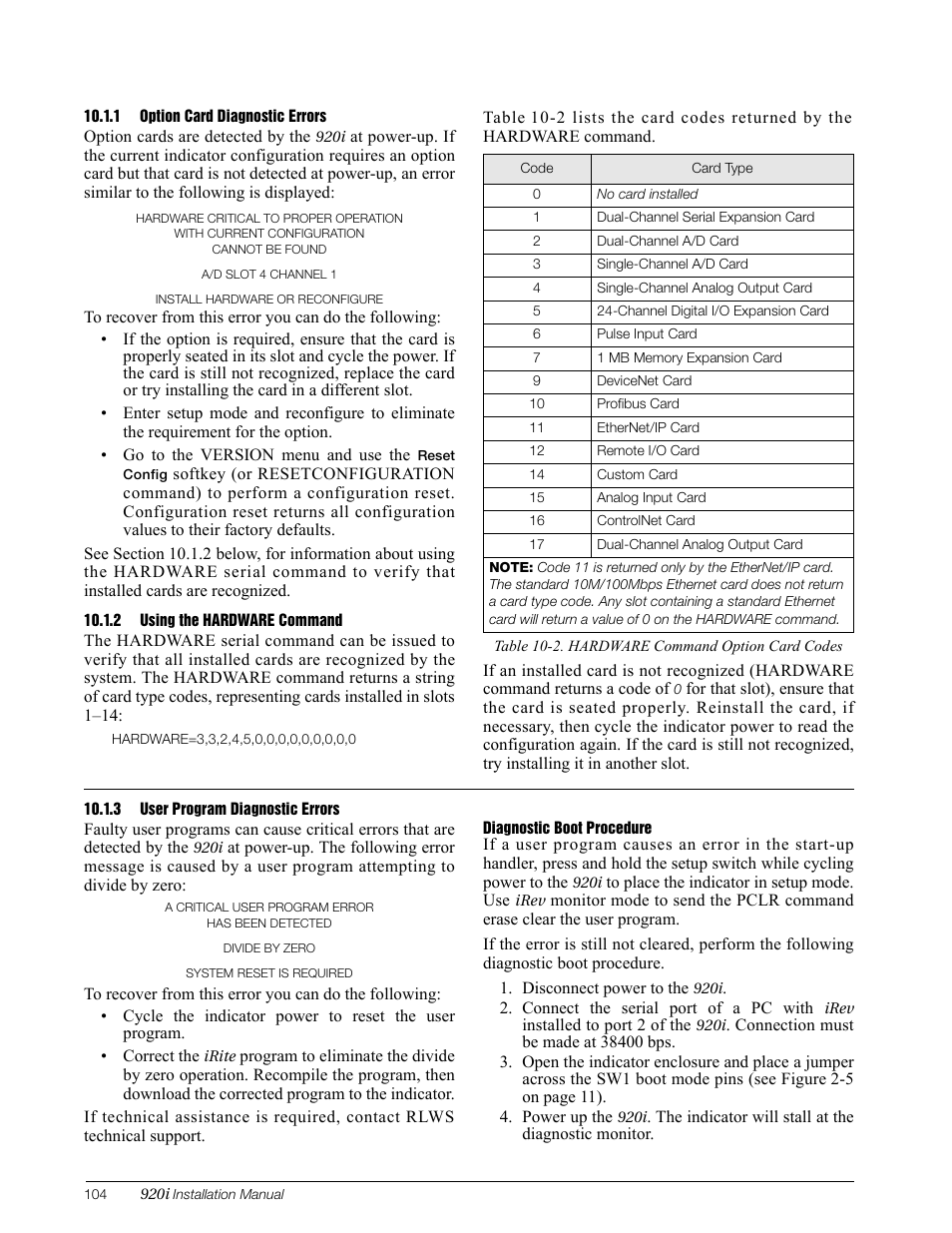 1 option card diagnostic errors, 2 using the hardware command, 3 user program diagnostic errors | Option card diagnostic errors, Using the hardware command, User program diagnostic errors | Rice Lake 920i Installation Manual V3.12 User Manual | Page 110 / 131