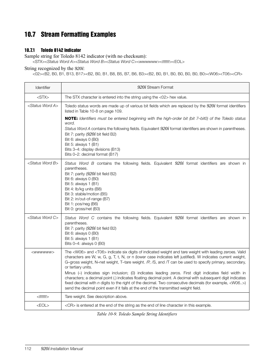 7 stream formatting examples, 1 toledo 8142 indicator, Toledo 8142 indicator | Format. see section 10.7 on | Rice Lake 920i Installation Manual V3.12 User Manual | Page 118 / 131