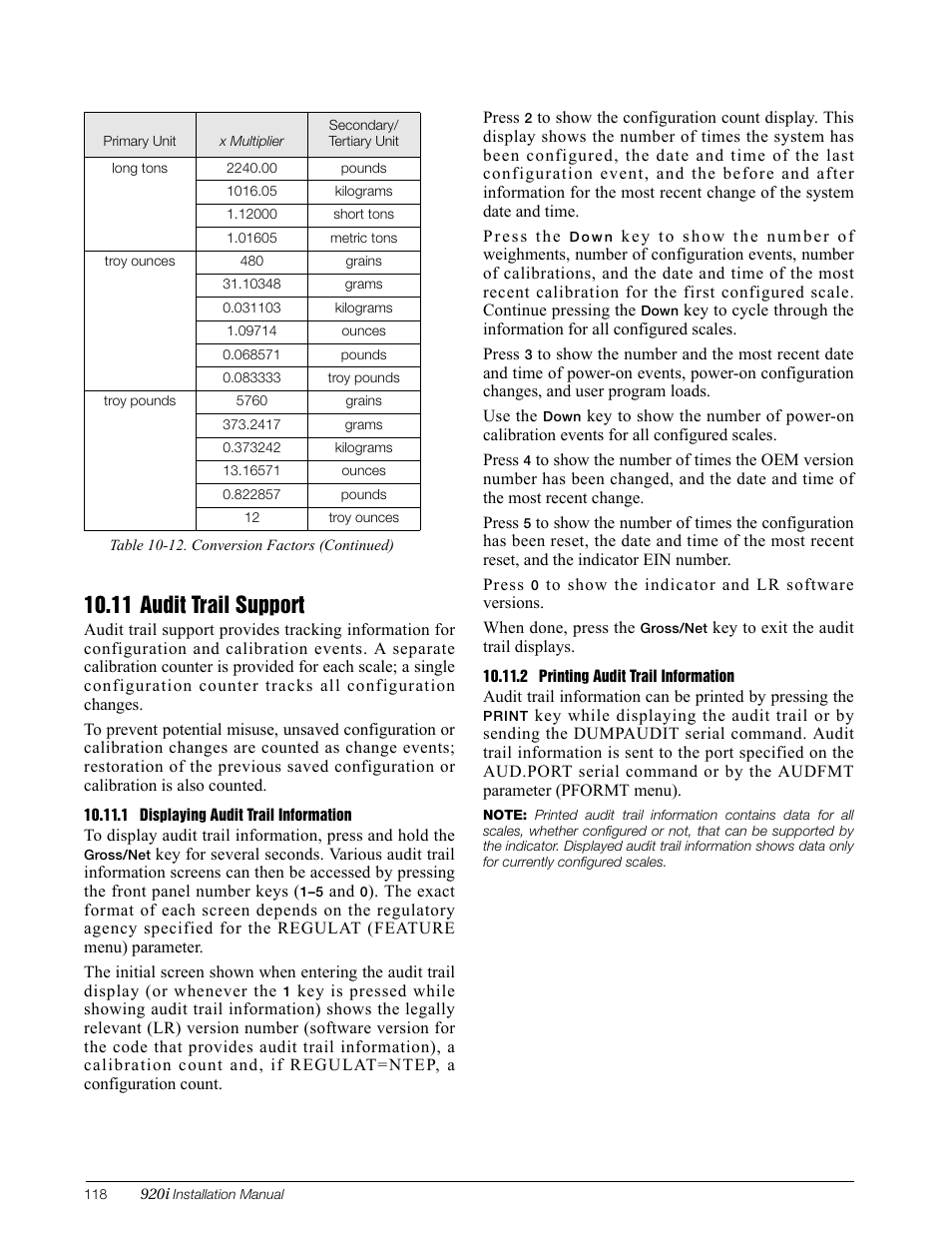 11 audit trail support, 1 displaying audit trail information, 2 printing audit trail information | Rice Lake 920i Installation Manual V3.12 User Manual | Page 124 / 131