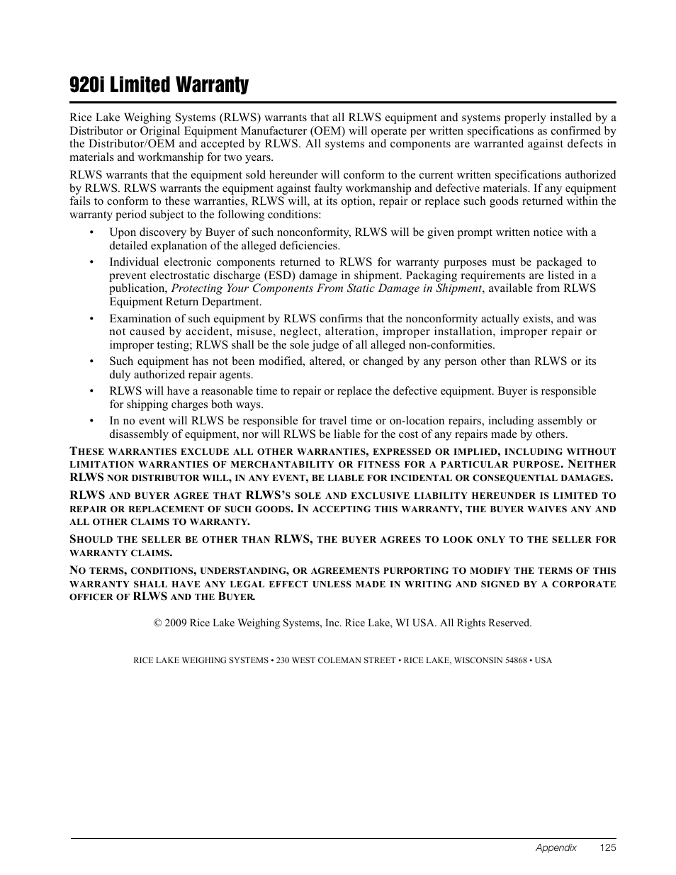 920i limited warranty | Rice Lake 920i Installation Manual V3.12 User Manual | Page 131 / 131
