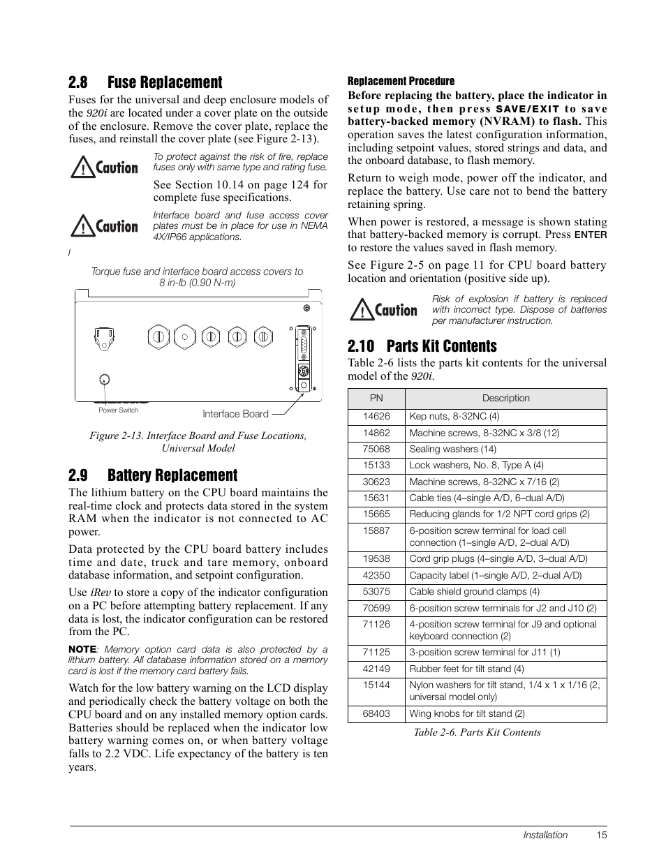 8 fuse replacement, 9 battery replacement, 10 parts kit contents | Rice Lake 920i Installation Manual V3.12 User Manual | Page 21 / 131