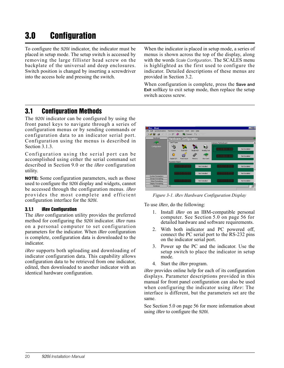 0 configuration, 1 configuration methods, 1 irev configuration | Configuration, Irev configuration | Rice Lake 920i Installation Manual V3.12 User Manual | Page 26 / 131