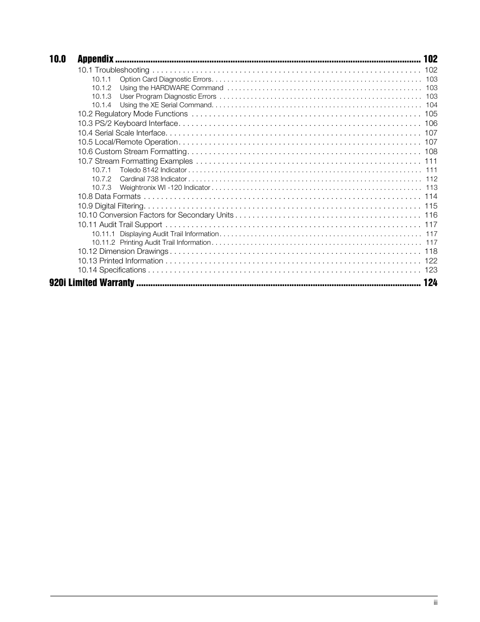 0 appendix, 920i limited warranty | Rice Lake 920i Installation Manual V3.12 User Manual | Page 5 / 131