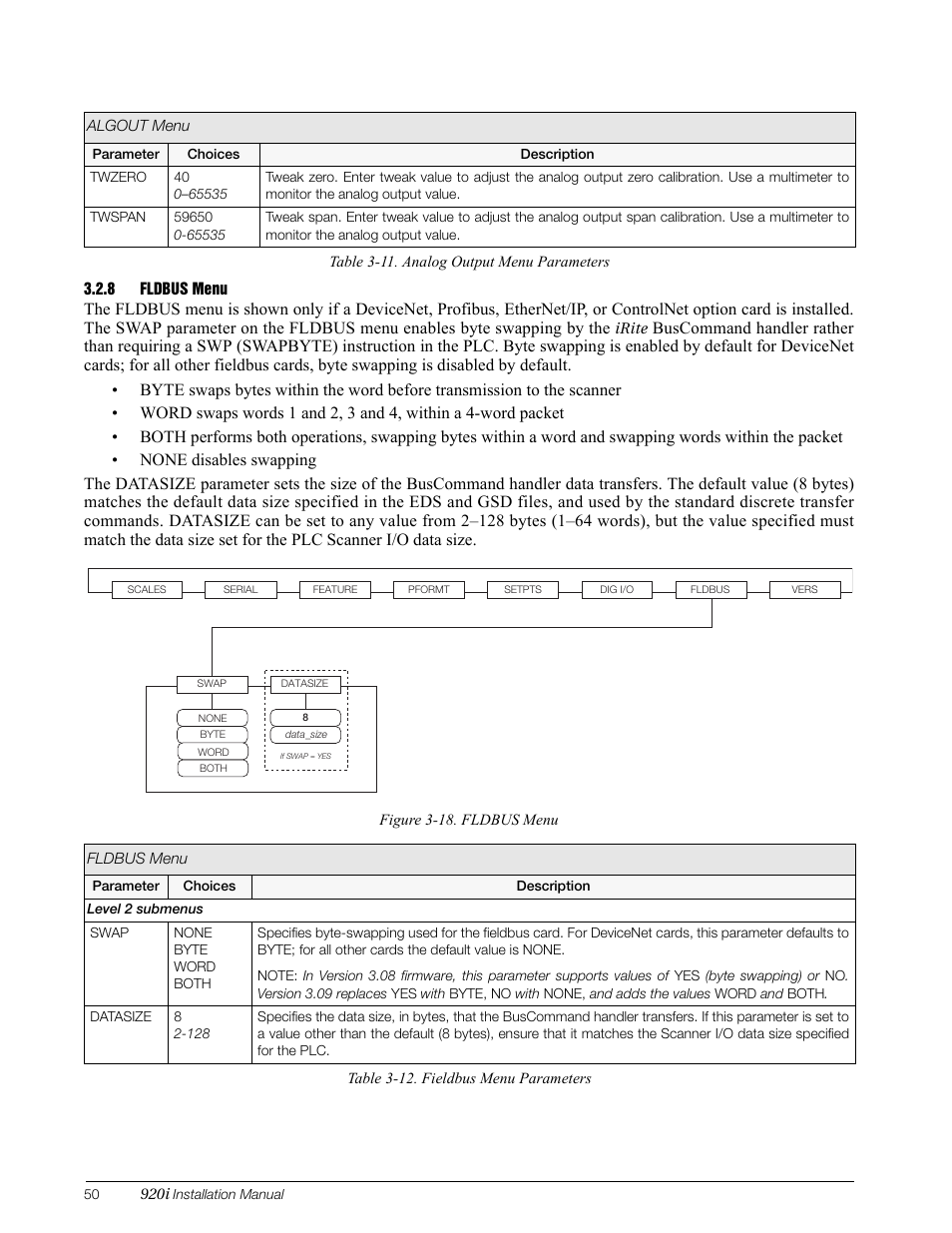 8 fldbus menu, Fldbus menu, S e c t i o n 3 . 2 . 8 o n p a g e 5 0 | Rice Lake 920i Installation Manual V3.12 User Manual | Page 56 / 131