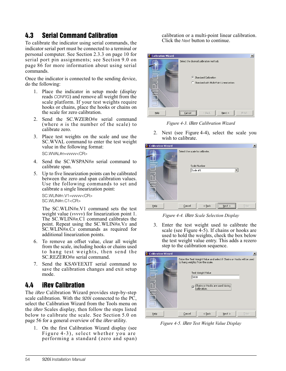 3 serial command calibration, 4 irev calibration, 3 serial command calibration 4.4 irev calibration | Rice Lake 920i Installation Manual V3.12 User Manual | Page 60 / 131