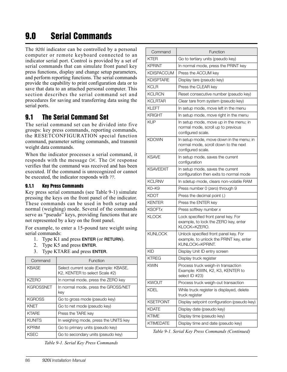 0 serial commands, 1 the serial command set, 1 key press commands | Serial commands, Key press commands, Section 9.0, Section 9.0 on | Rice Lake 920i Installation Manual V3.12 User Manual | Page 92 / 131