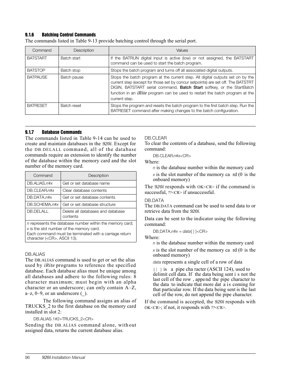 6 batching control commands, 7 database commands, Batching control commands | Database commands | Rice Lake 920i Installation Manual V3.13 User Manual | Page 102 / 131