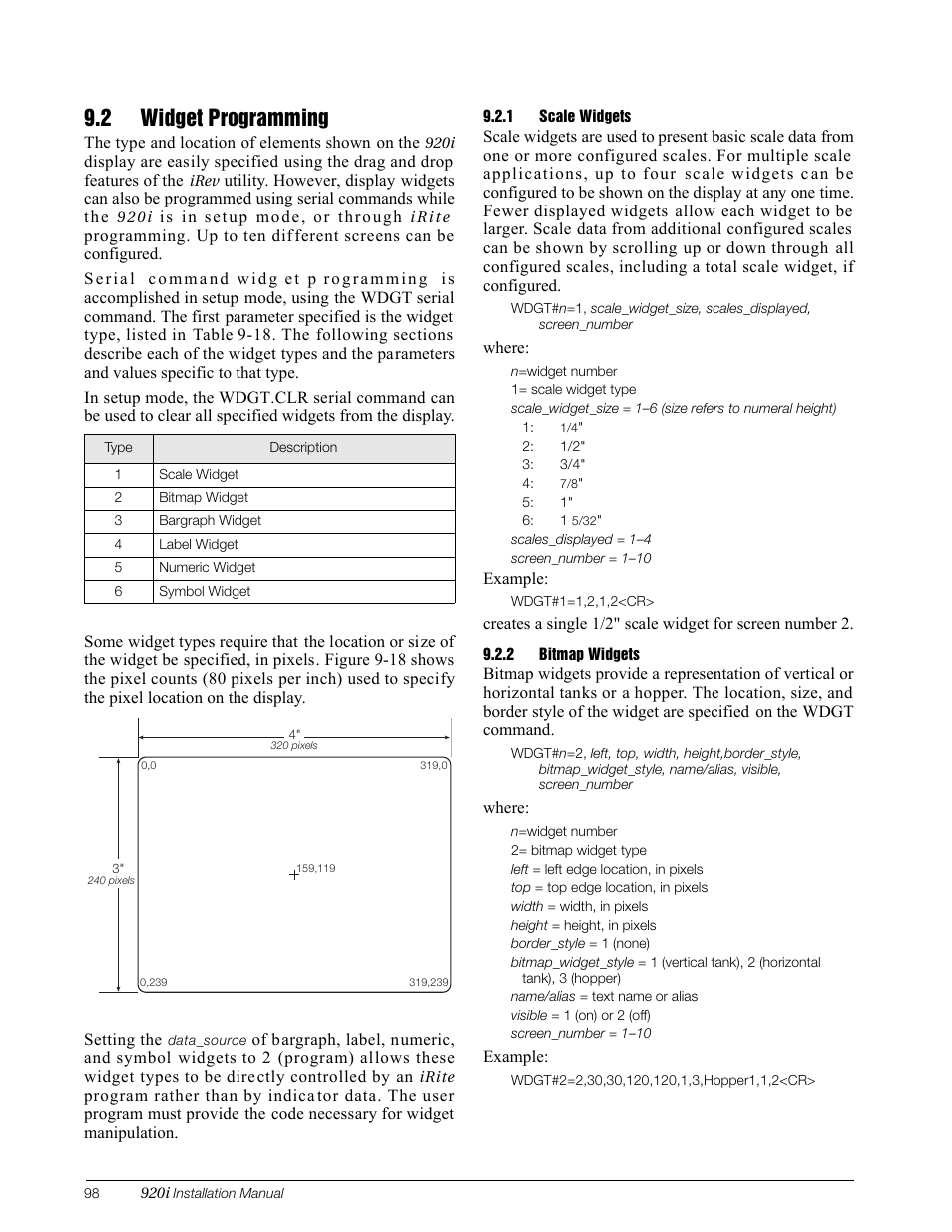 2 widget programming, 1 scale widgets, 2 bitmap widgets | Scale widgets, Bitmap widgets | Rice Lake 920i Installation Manual V3.13 User Manual | Page 104 / 131