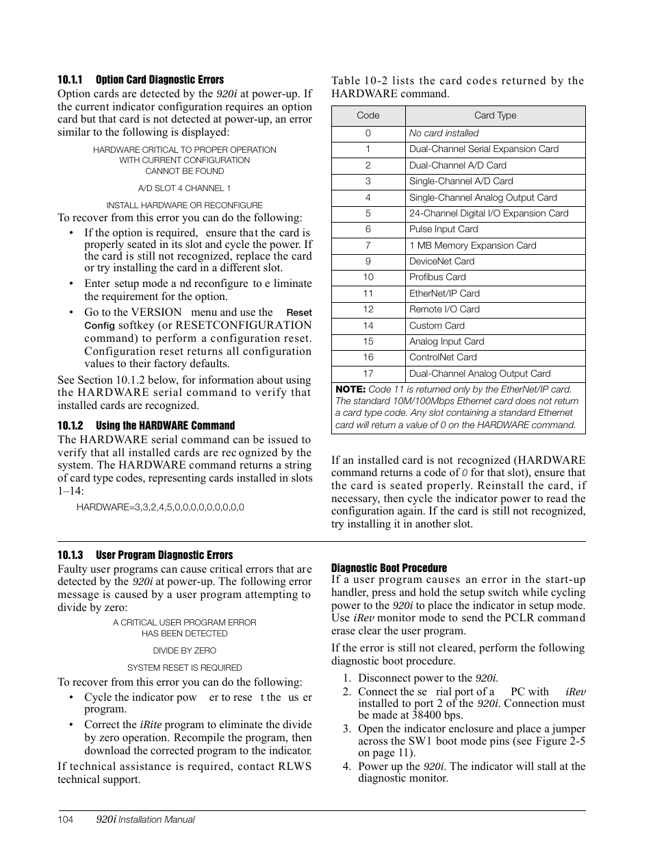 1 option card diagnostic errors, 2 using the hardware command, 3 user program diagnostic errors | Option card diagnostic errors, Using the hardware command, User program diagnostic errors | Rice Lake 920i Installation Manual V3.13 User Manual | Page 110 / 131