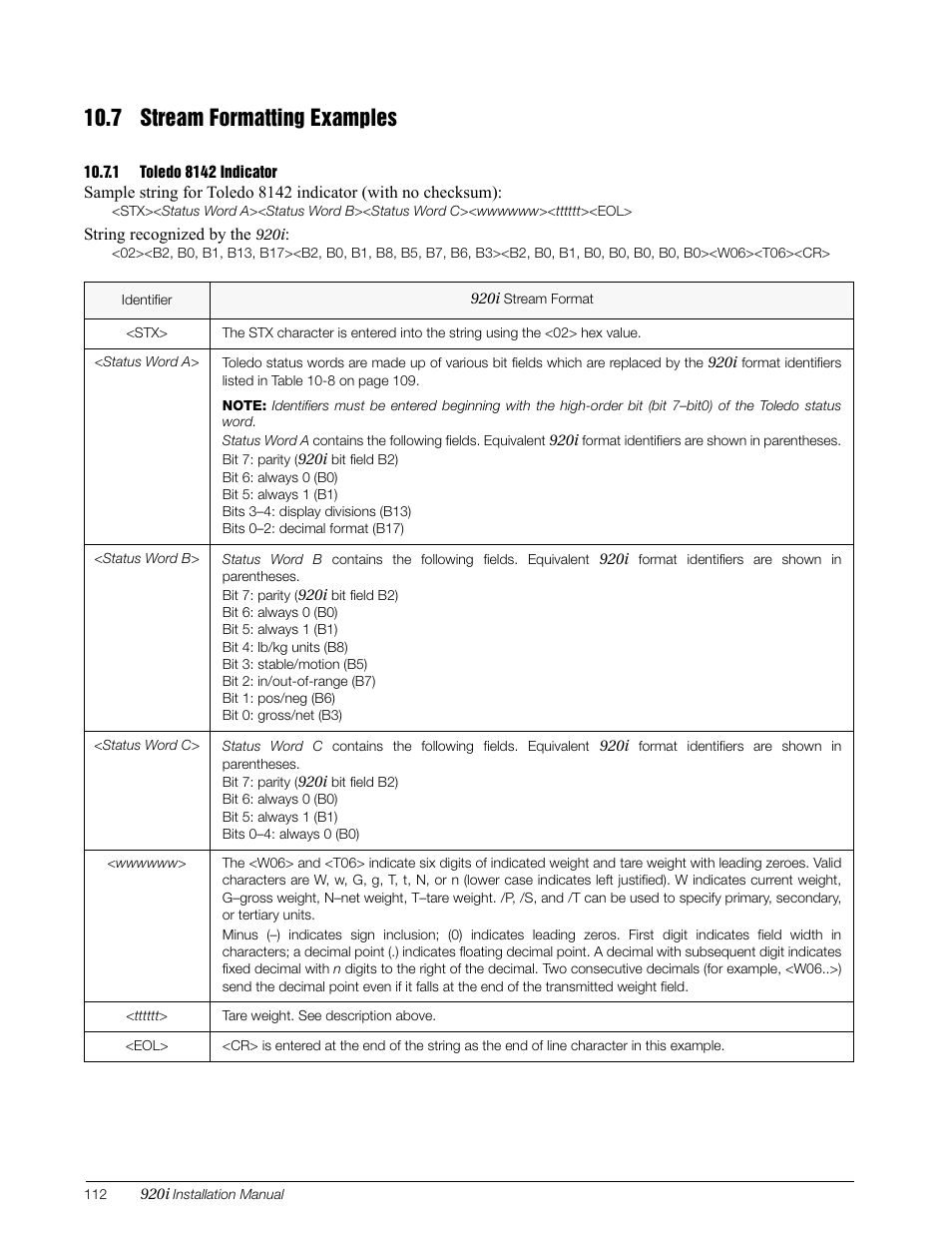 7 stream formatting examples, 1 toledo 8142 indicator, Toledo 8142 indicator | Format. see section 10.7 on | Rice Lake 920i Installation Manual V3.13 User Manual | Page 118 / 131