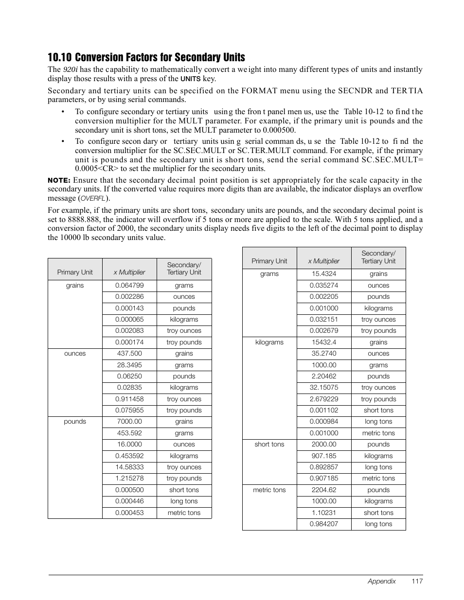 10 conversion factors for secondary units | Rice Lake 920i Installation Manual V3.13 User Manual | Page 123 / 131