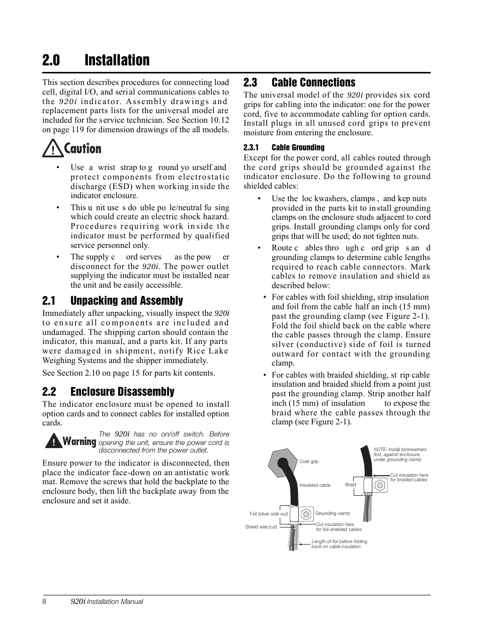 0 installation, 1 unpacking and assembly, 2 enclosure disassembly | 3 cable connections, 1 cable grounding, Installation, Cable grounding | Rice Lake 920i Installation Manual V3.13 User Manual | Page 14 / 131