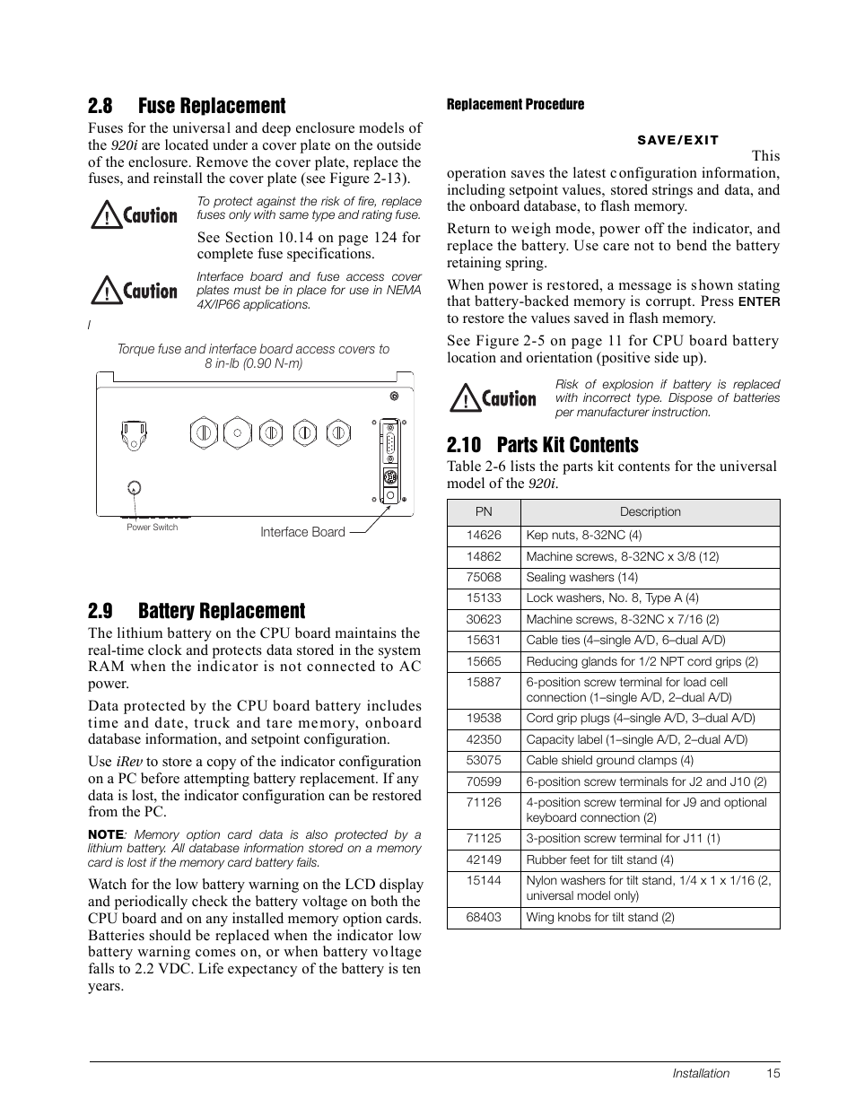 8 fuse replacement, 9 battery replacement, 10 parts kit contents | Rice Lake 920i Installation Manual V3.13 User Manual | Page 21 / 131