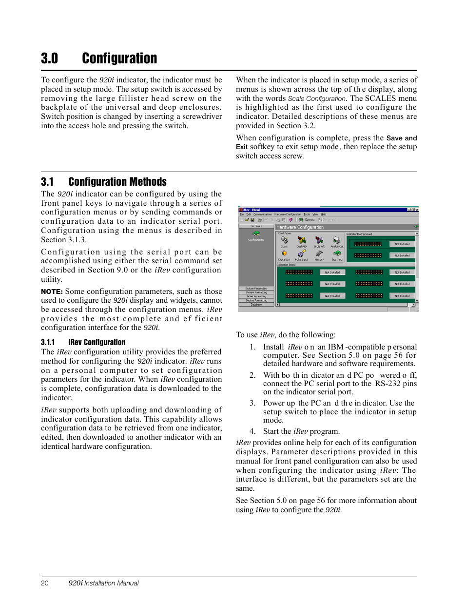 0 configuration, 1 configuration methods, 1 irev configuration | Configuration, Irev configuration | Rice Lake 920i Installation Manual V3.13 User Manual | Page 26 / 131