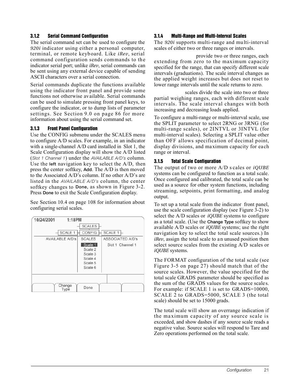 2 serial command configuration, 3 front panel configuration, 4 multi-range and multi-interval scales | 5 total scale configuration, Serial command configuration, Front panel configuration, Multi-range and multi-interval scales, Total scale configuration, Section 3.1.3 | Rice Lake 920i Installation Manual V3.13 User Manual | Page 27 / 131