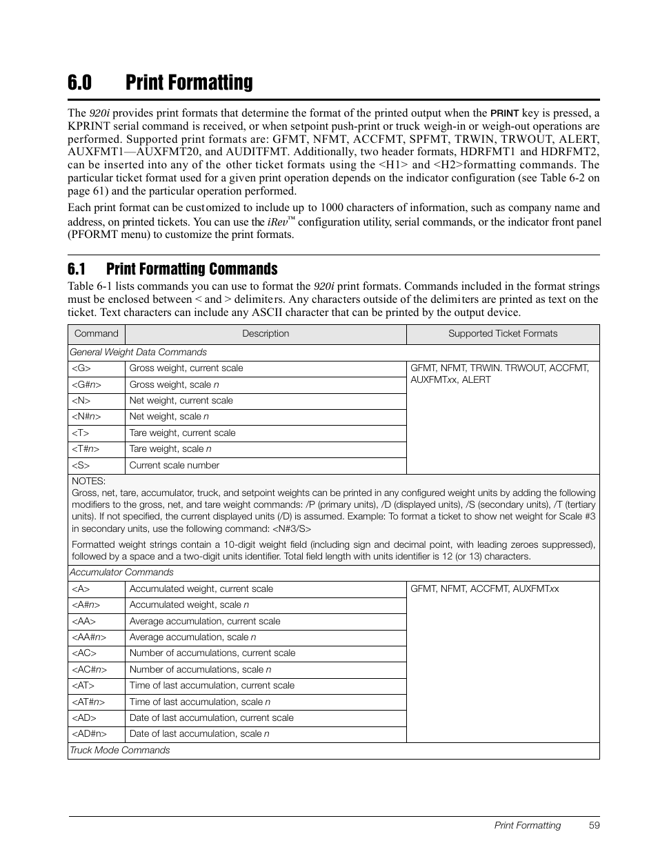 0 print formatting, 1 print formatting commands, Print formatting | Rice Lake 920i Installation Manual V3.13 User Manual | Page 65 / 131