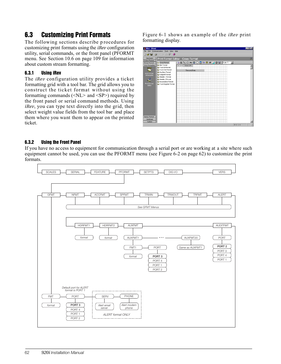 3 customizing print formats, 1 using irev, 2 using the front panel | Using irev, Using the front panel, Print formatting display | Rice Lake 920i Installation Manual V3.13 User Manual | Page 68 / 131