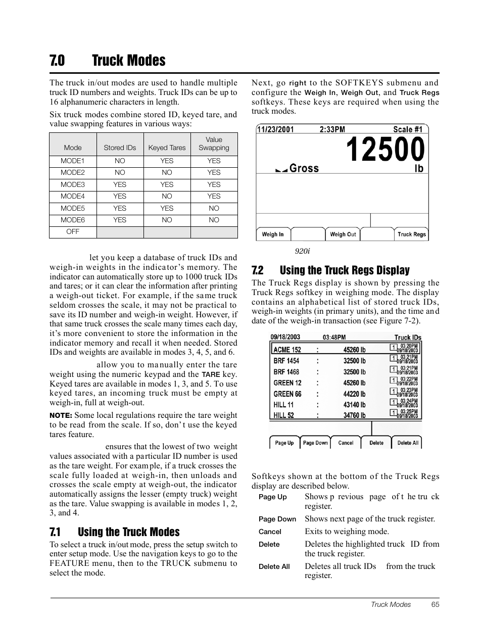 0 truck modes, 1 using the truck modes, 2 using the truck regs display | Truck modes | Rice Lake 920i Installation Manual V3.13 User Manual | Page 71 / 131