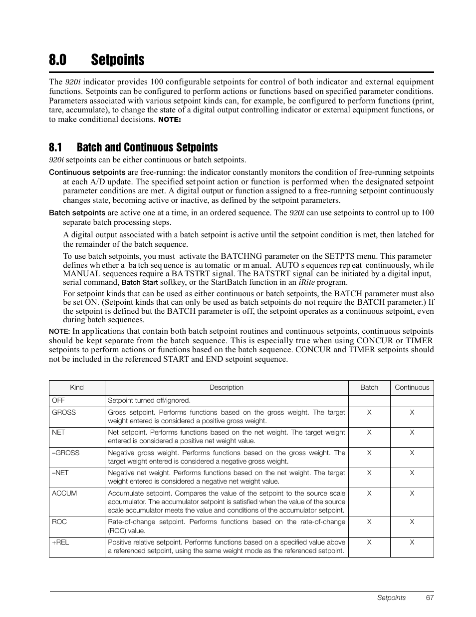 0 setpoints, 1 batch and continuous setpoints, Setpoints | Rice Lake 920i Installation Manual V3.13 User Manual | Page 73 / 131