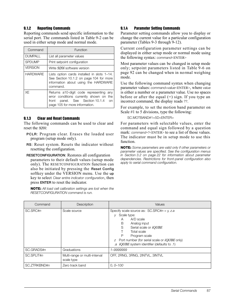 2 reporting commands, 3 clear and reset commands, 4 parameter setting commands | Reporting commands, Clear and reset commands, Parameter setting commands | Rice Lake 920i Installation Manual V3.13 User Manual | Page 93 / 131