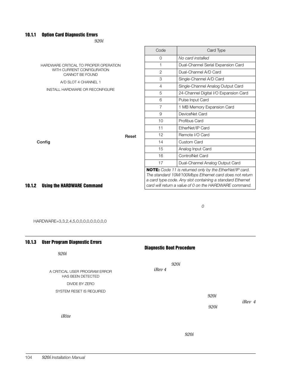 1 option card diagnostic errors, 2 using the hardware command, 3 user program diagnostic errors | Option card diagnostic errors, Using the hardware command, User program diagnostic errors | Rice Lake 920i Installation Manual V4.0 User Manual | Page 110 / 131