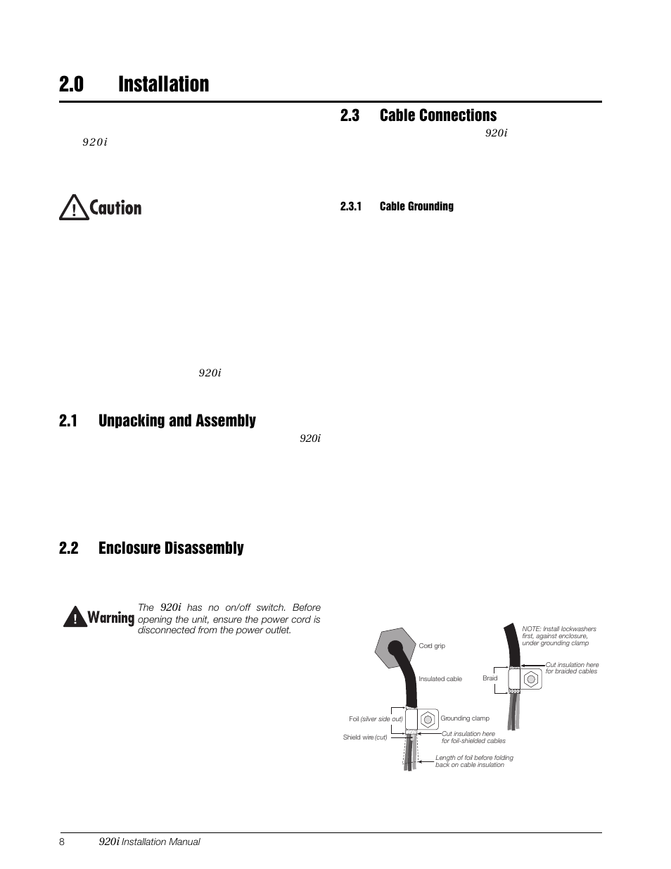 0 installation, 1 unpacking and assembly, 2 enclosure disassembly | 3 cable connections, 1 cable grounding, Installation, Cable grounding | Rice Lake 920i Installation Manual V4.0 User Manual | Page 14 / 131