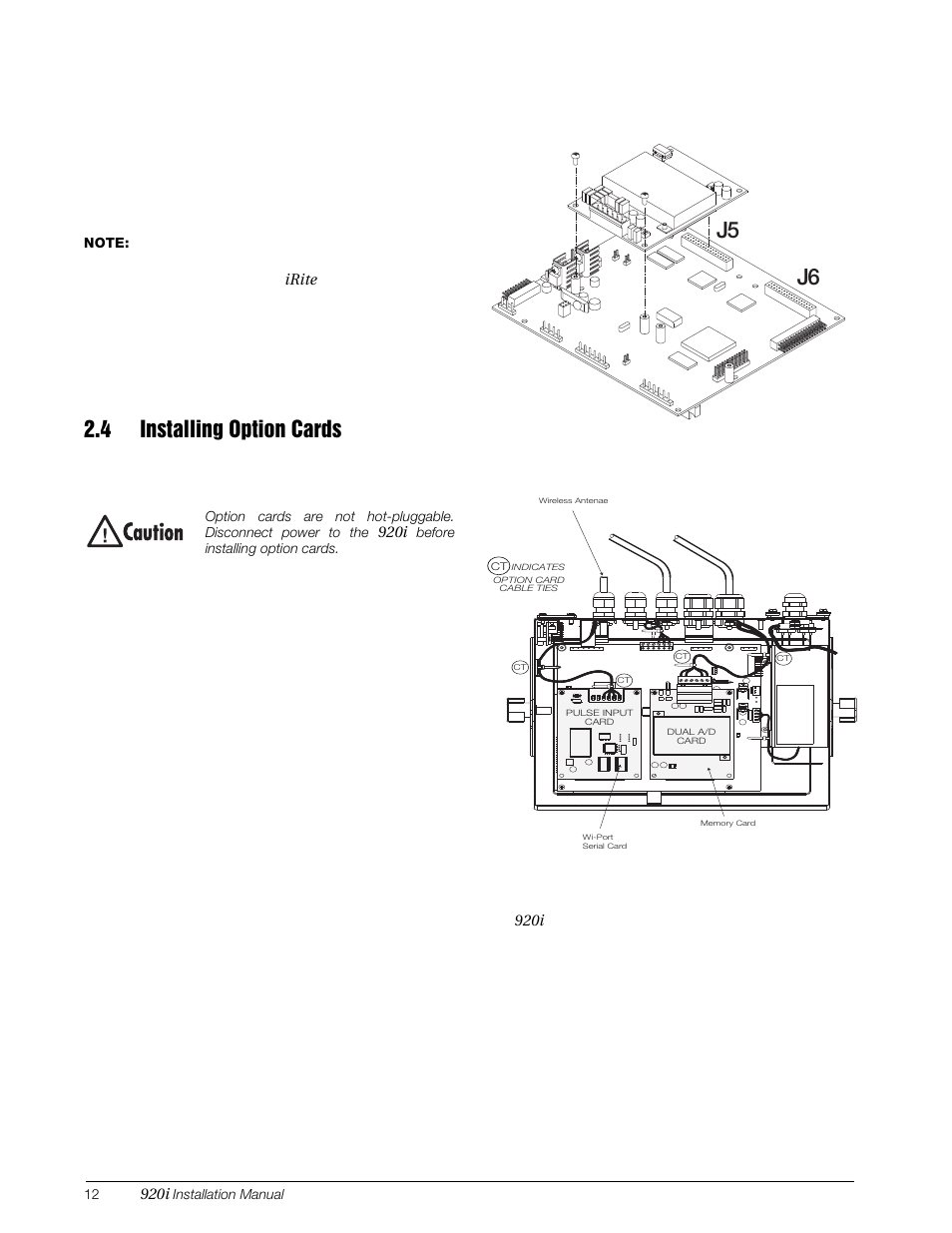 4 installing option cards, J5 j6 | Rice Lake 920i Installation Manual V4.0 User Manual | Page 18 / 131