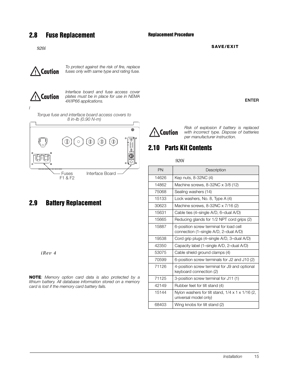 8 fuse replacement, 9 battery replacement, 10 parts kit contents | Rice Lake 920i Installation Manual V4.0 User Manual | Page 21 / 131