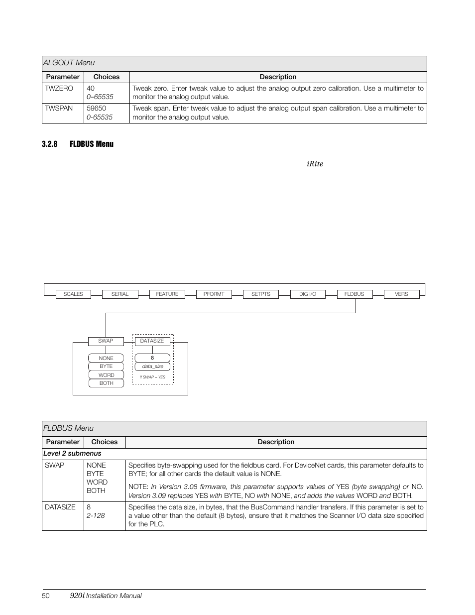 8 fldbus menu, Fldbus menu, S e c t i o n 3 . 2 . 8 o n p a g e 5 0 | Rice Lake 920i Installation Manual V4.0 User Manual | Page 56 / 131