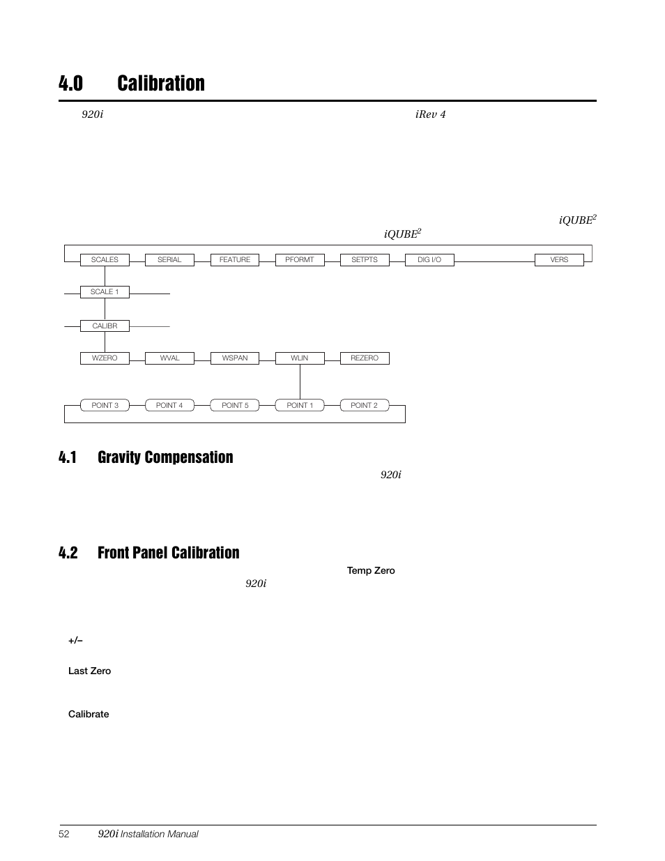 0 calibration, 1 gravity compensation, 2 front panel calibration | Calibration, 1 gravity compensation 4.2 front panel calibration | Rice Lake 920i Installation Manual V4.0 User Manual | Page 58 / 131