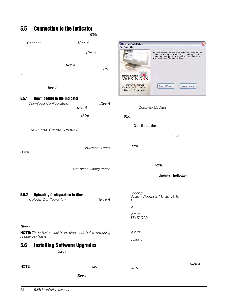 5 connecting to the indicator, 1 downloading to the indicator, 2 uploading configuration to irev | 6 installing software upgrades, Downloading to the indicator, Uploading configuration to irev | Rice Lake 920i Installation Manual V4.0 User Manual | Page 64 / 131