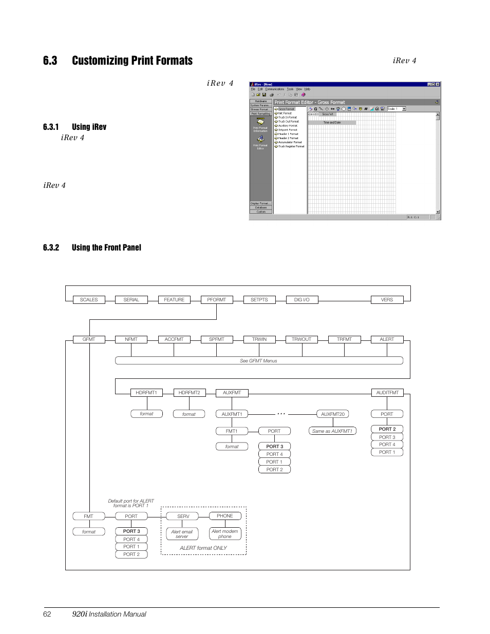 3 customizing print formats, 1 using irev, 2 using the front panel | Using irev, Using the front panel, Print formatting display, 920i, Irev 4, Figure 6-2. pformt menu | Rice Lake 920i Installation Manual V4.0 User Manual | Page 68 / 131