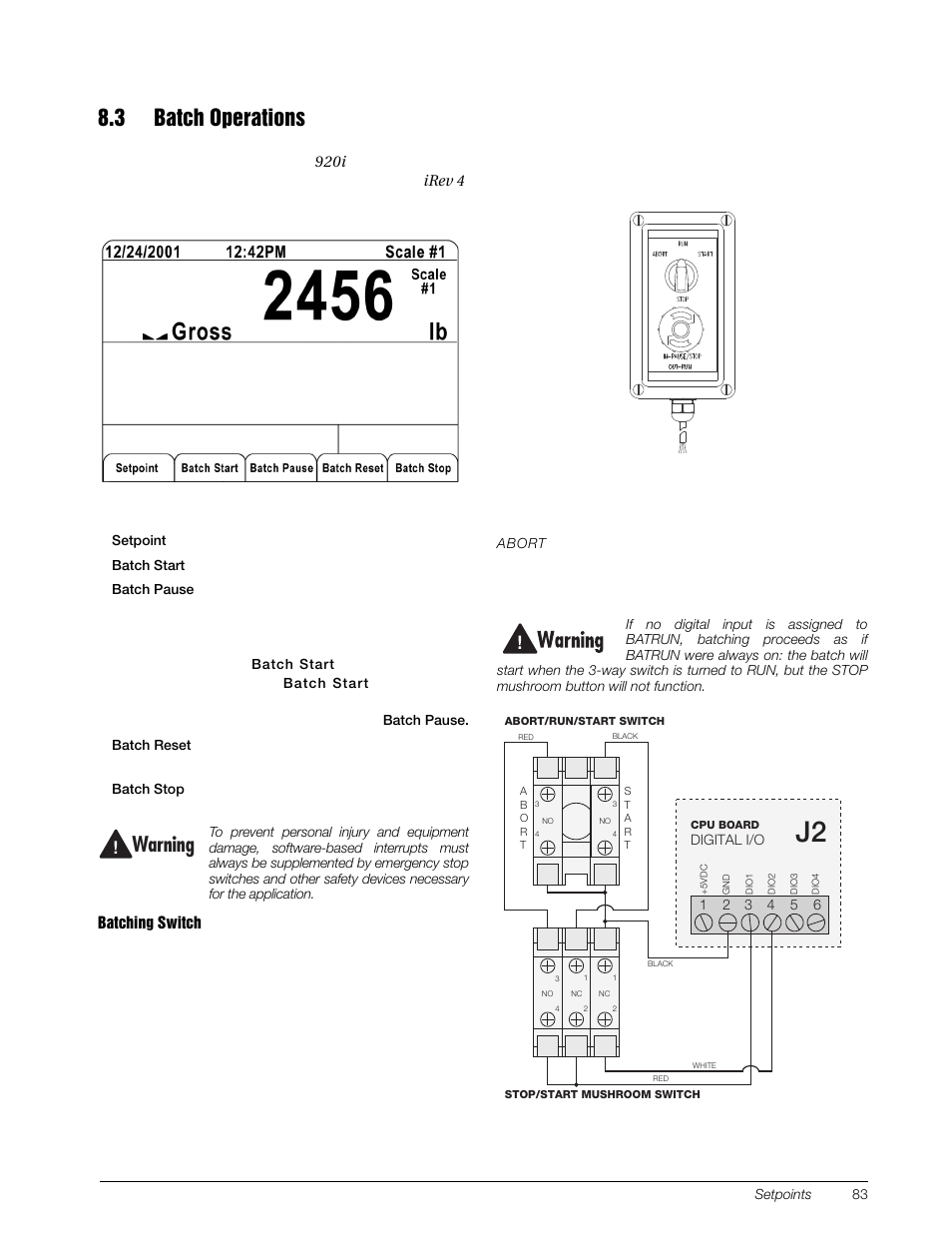 3 batch operations, Warning, Display or change assigned setpoints | Starts batch process, Is pressed again. pressing | Rice Lake 920i Installation Manual V4.0 User Manual | Page 89 / 131