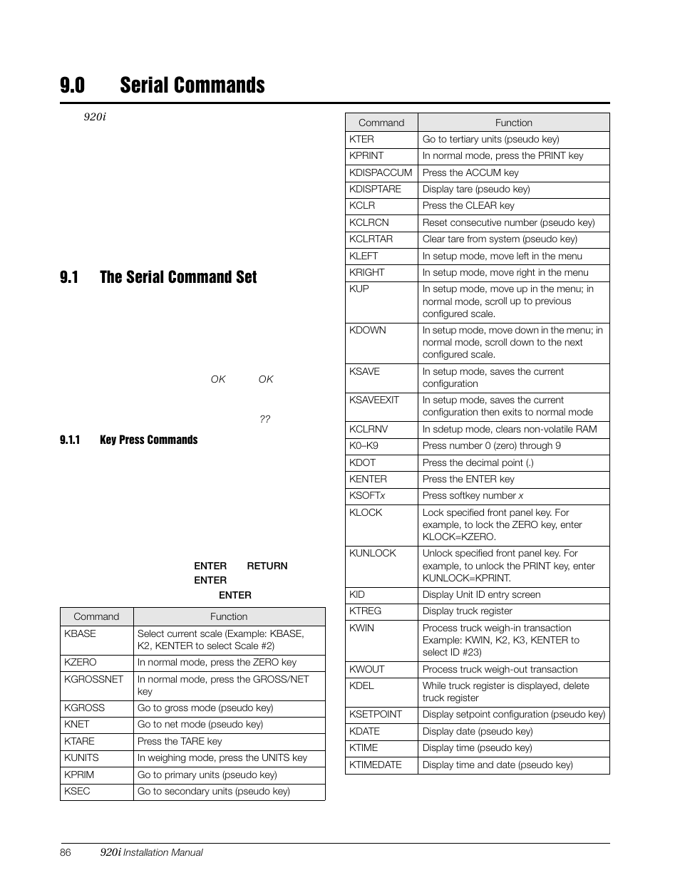 0 serial commands, 1 the serial command set, 1 key press commands | Serial commands, Key press commands, Section 9.0 | Rice Lake 920i Installation Manual V4.0 User Manual | Page 92 / 131