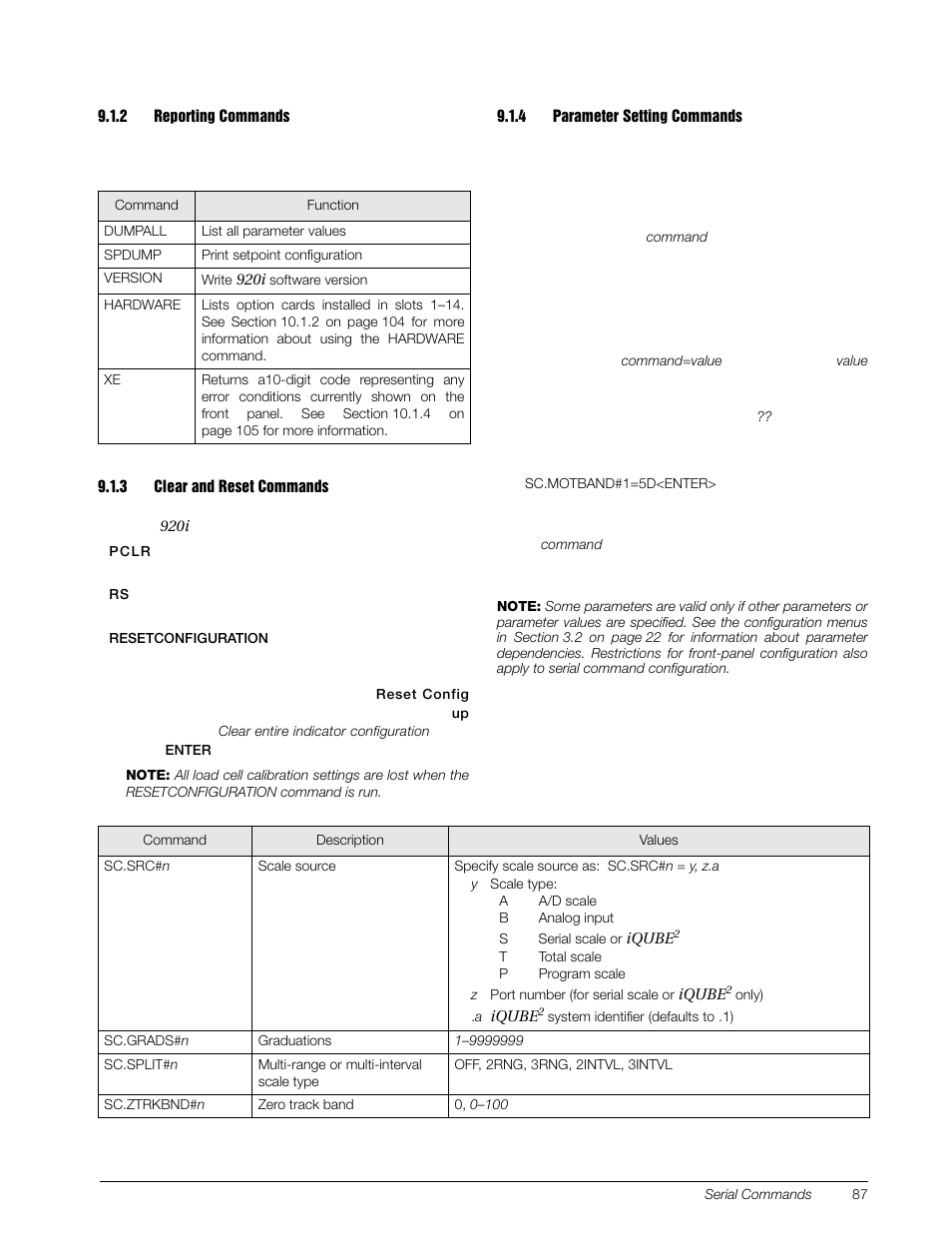 2 reporting commands, 3 clear and reset commands, 4 parameter setting commands | Reporting commands, Clear and reset commands, Parameter setting commands | Rice Lake 920i Installation Manual V4.0 User Manual | Page 93 / 131