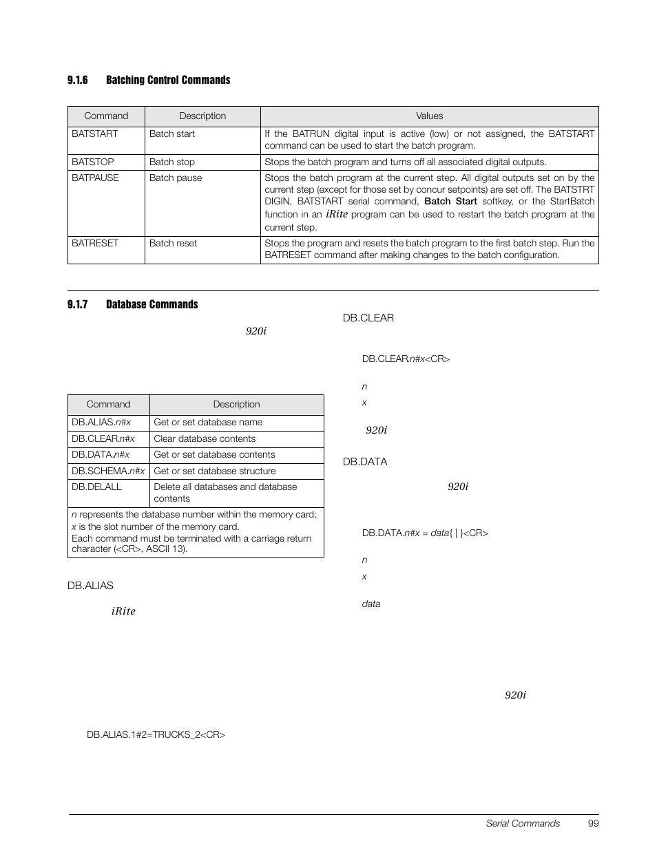 6 batching control commands, 7 database commands, Batching control commands | Database commands | Rice Lake 920i Installation Manual V4.01 User Manual | Page 105 / 136
