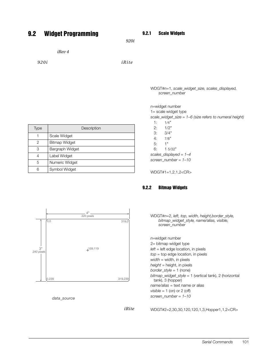 2 widget programming, 1 scale widgets, 2 bitmap widgets | Scale widgets, Bitmap widgets | Rice Lake 920i Installation Manual V4.01 User Manual | Page 107 / 136