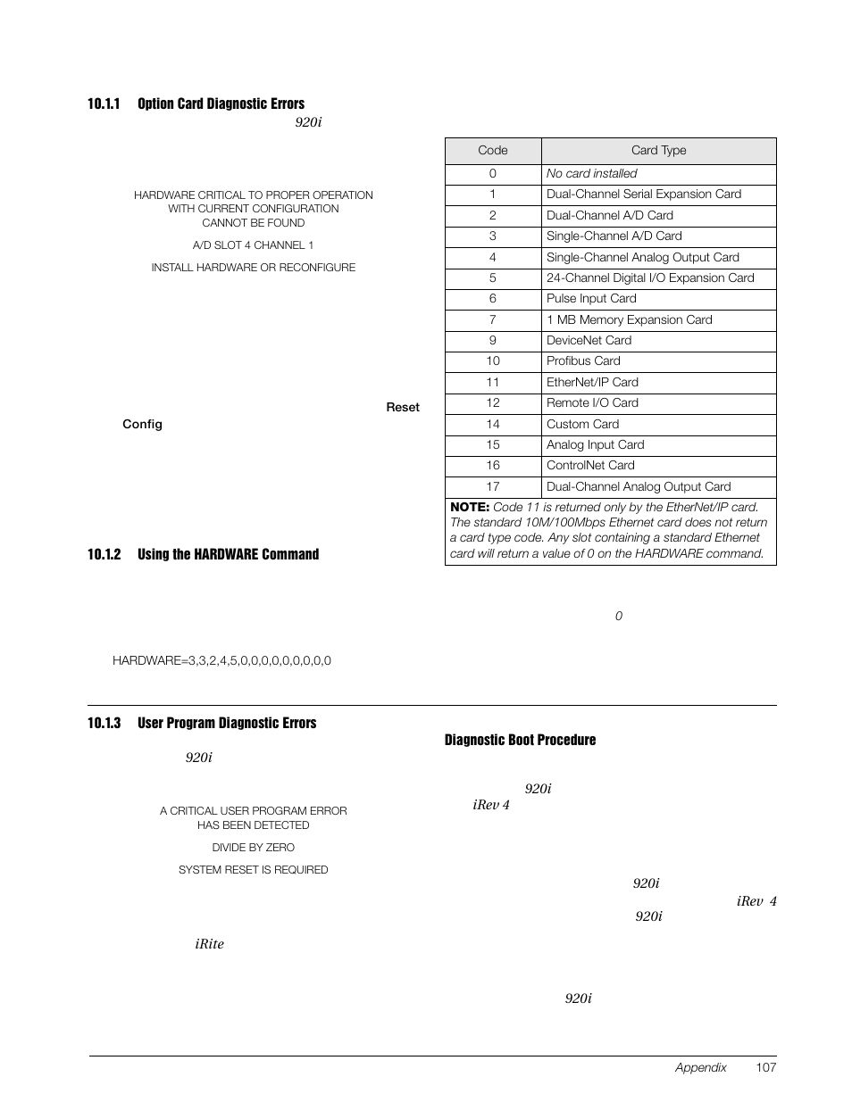 1 option card diagnostic errors, 2 using the hardware command, 3 user program diagnostic errors | Option card diagnostic errors, Using the hardware command, User program diagnostic errors | Rice Lake 920i Installation Manual V4.01 User Manual | Page 113 / 136