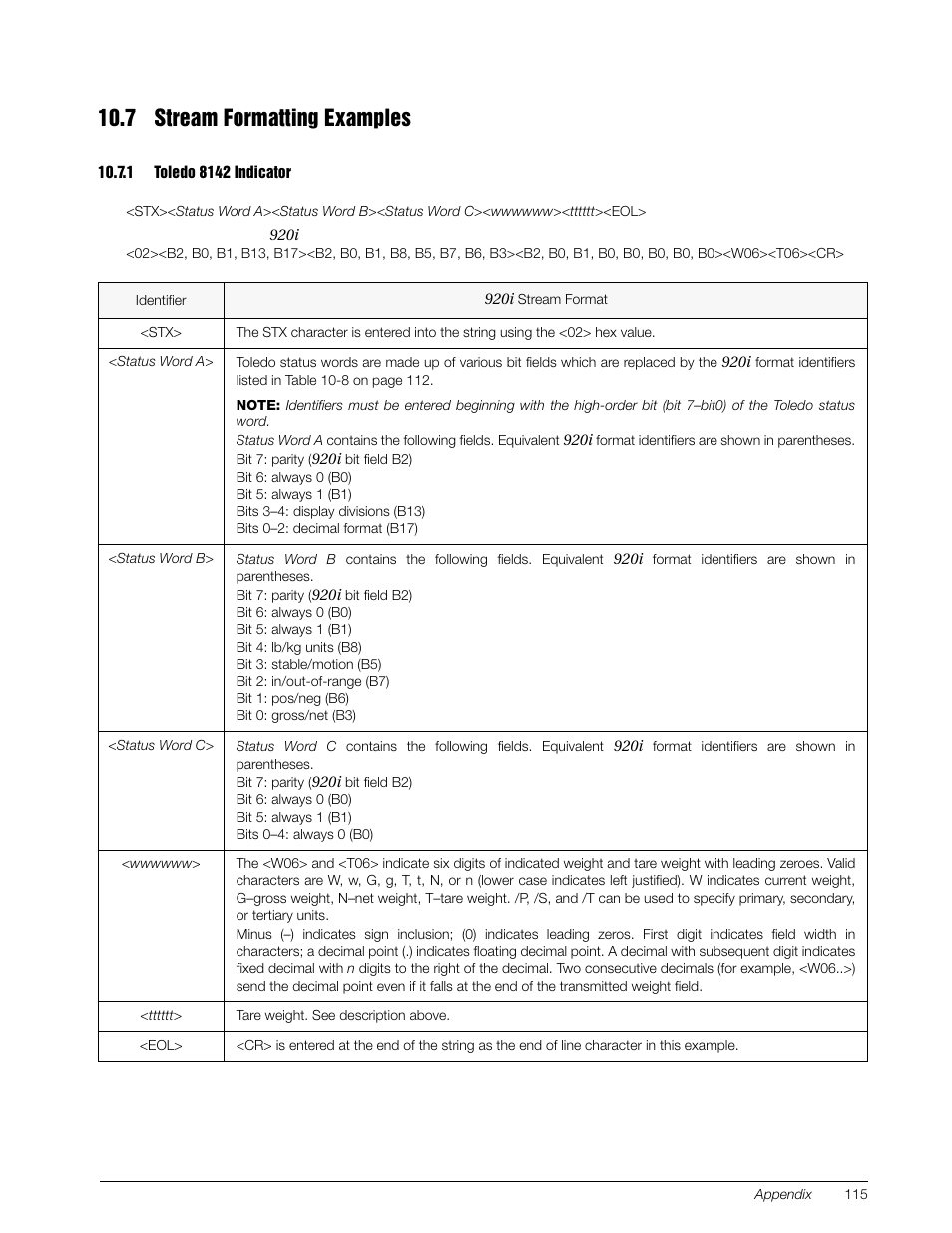 7 stream formatting examples, 1 toledo 8142 indicator, Toledo 8142 indicator | Rice Lake 920i Installation Manual V4.01 User Manual | Page 121 / 136