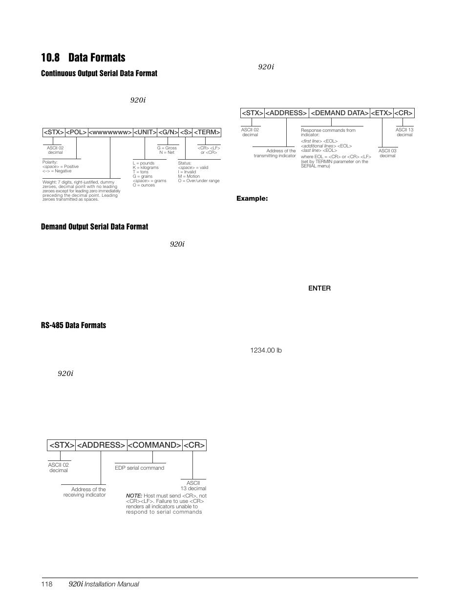 8 data formats, Character is, Stx> <address> <command> <cr | Rice Lake 920i Installation Manual V4.01 User Manual | Page 124 / 136