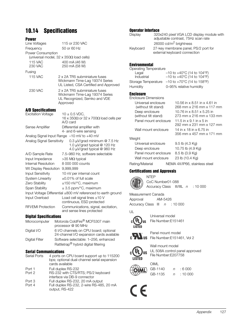 14 specifications | Rice Lake 920i Installation Manual V4.01 User Manual | Page 133 / 136